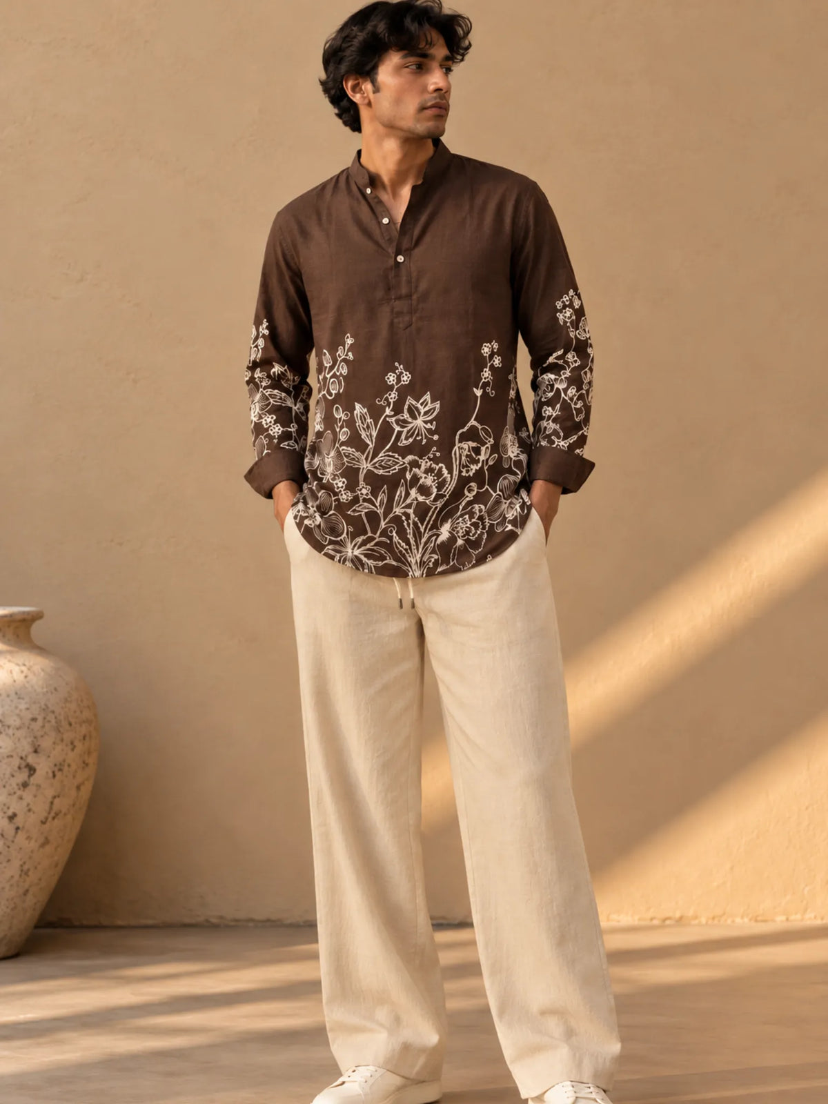 BEIGE STRAIGHT FIT COTTON LINEN PANTS