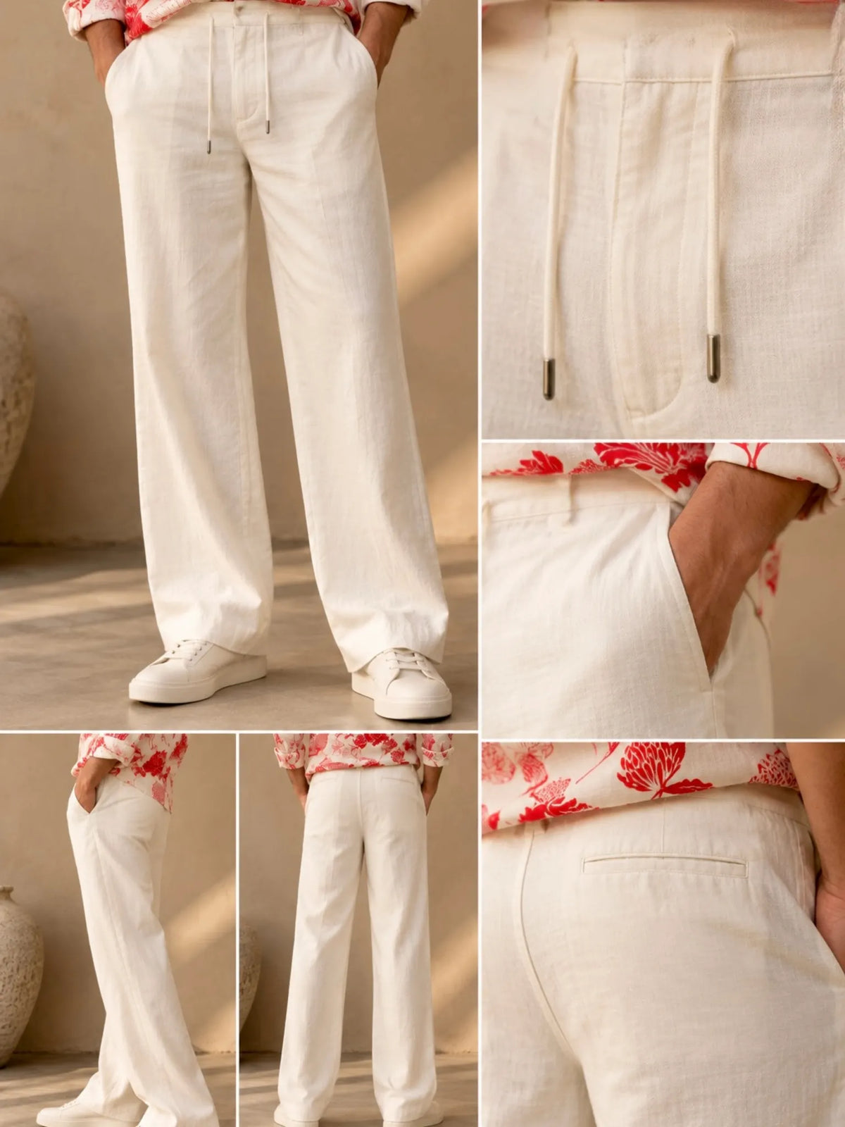 OFF WHITE STRAIGHT FIT COTTON LINEN PANTS