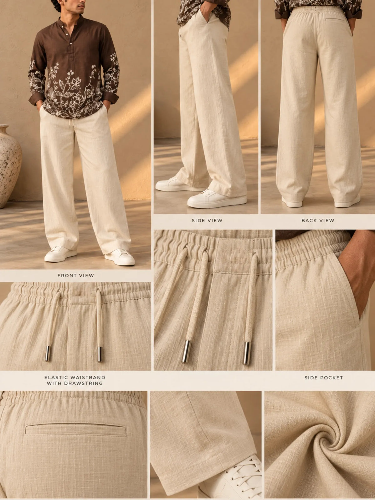 BEIGE STRAIGHT FIT COTTON LINEN PANTS