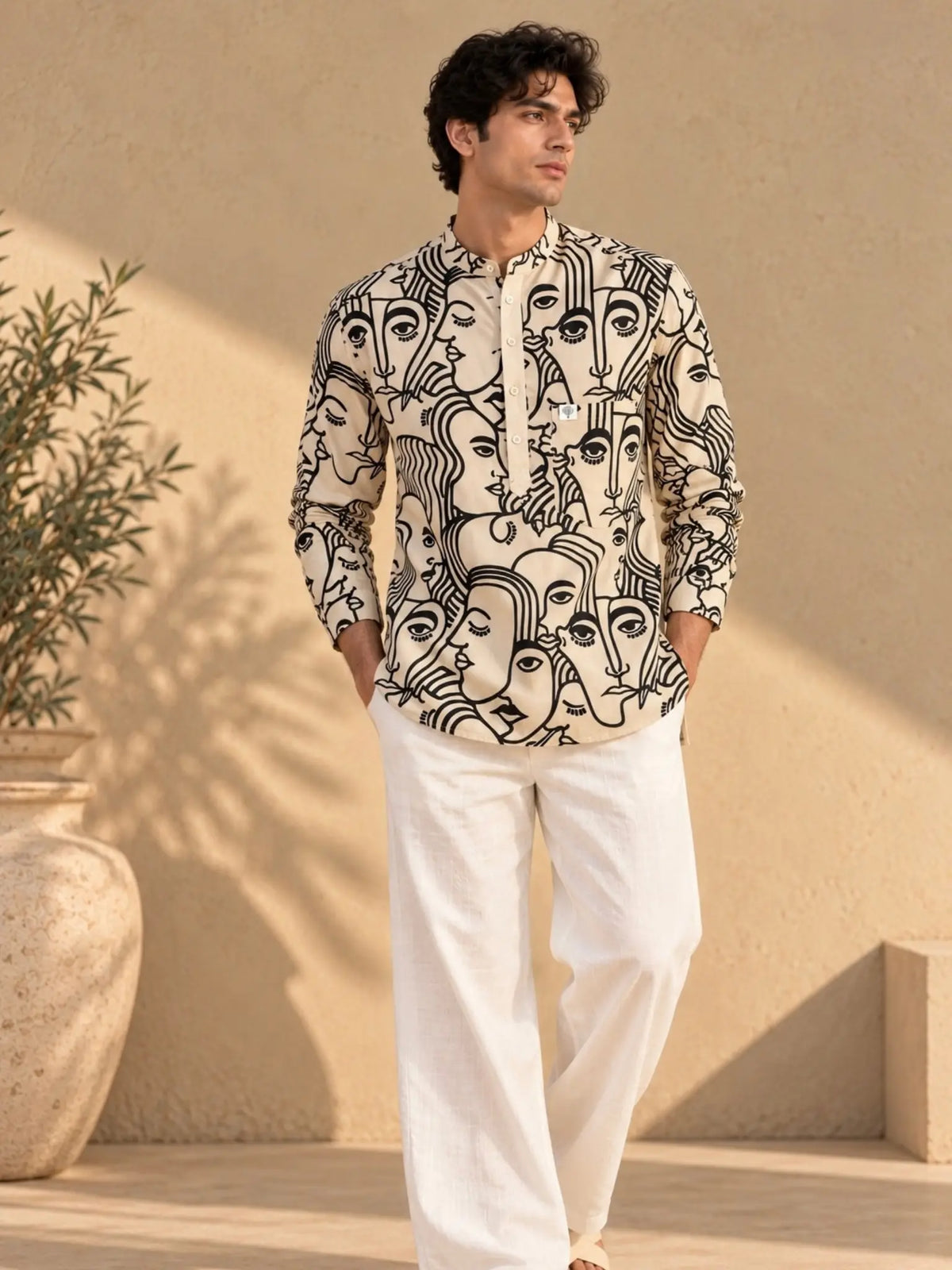 cream black face art short kurta