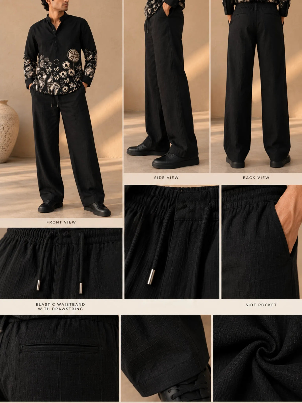 BLACK STRAIGHT FIT COTTON LINEN PANTS
