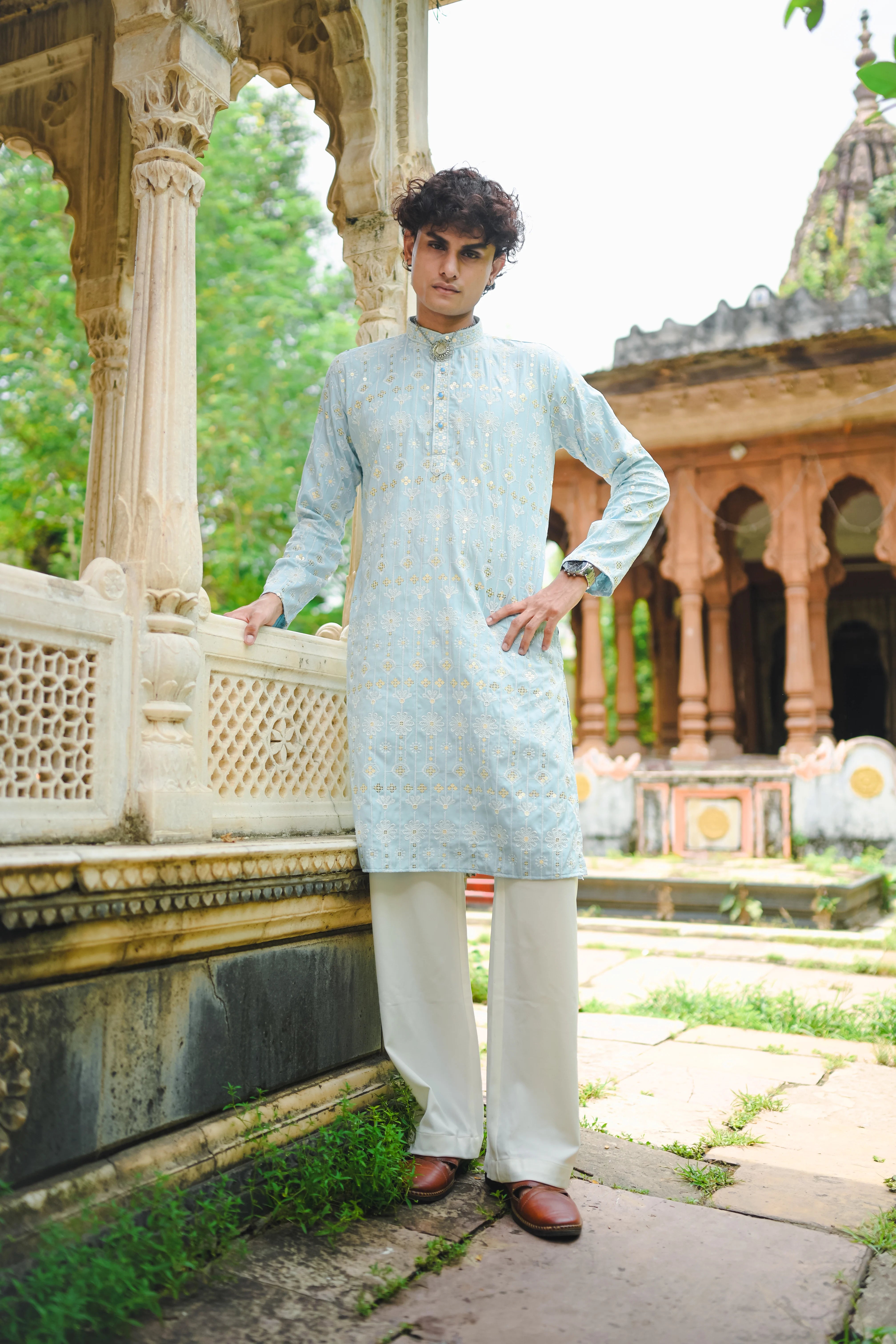 Sky Blue Thread And Mirror Work Kurta