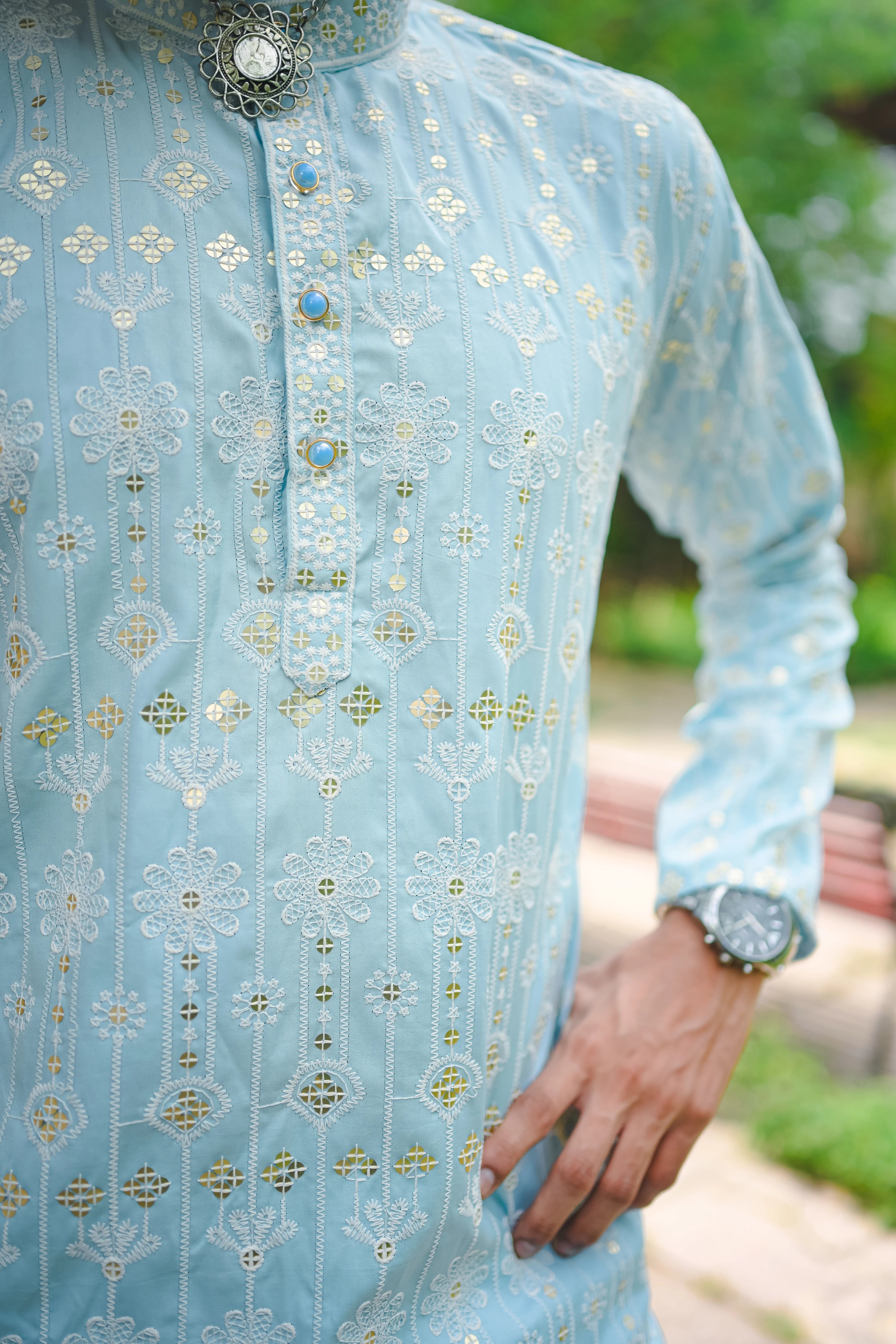 Sky Blue Thread And Mirror Work Kurta