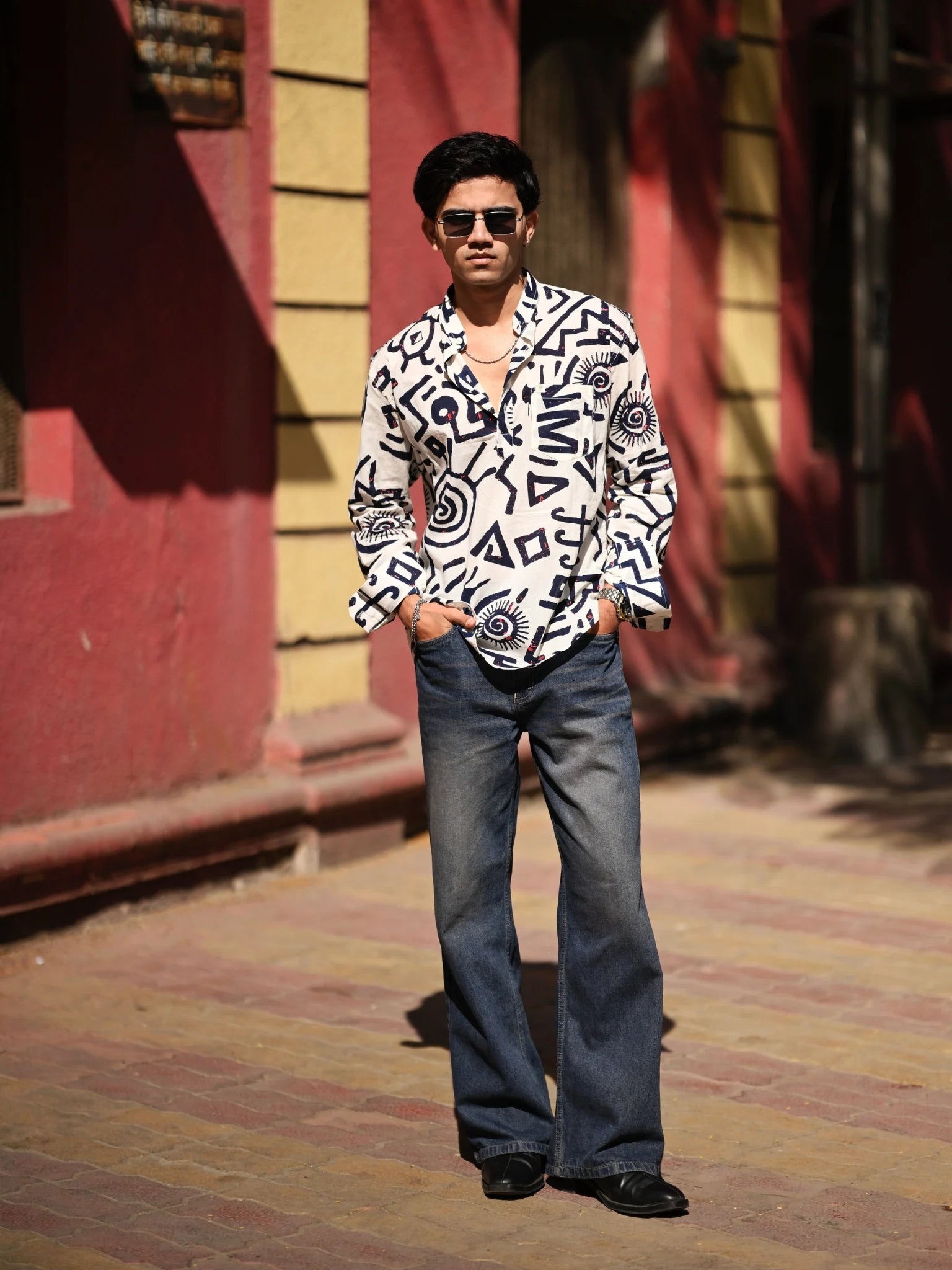 Navy Blue Celestial Printed Short Kurta
