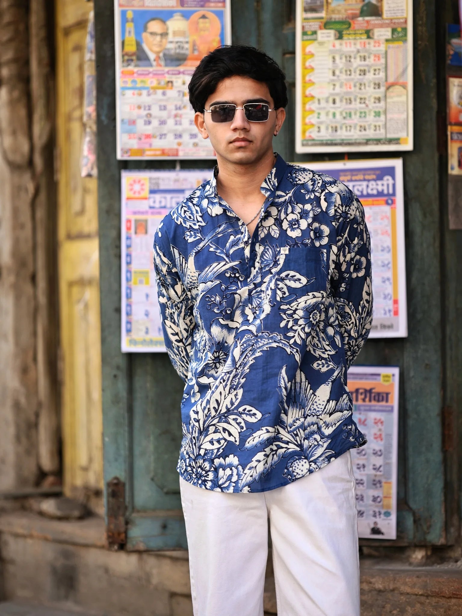 Navy Blue White Floral Printed Short Kurta