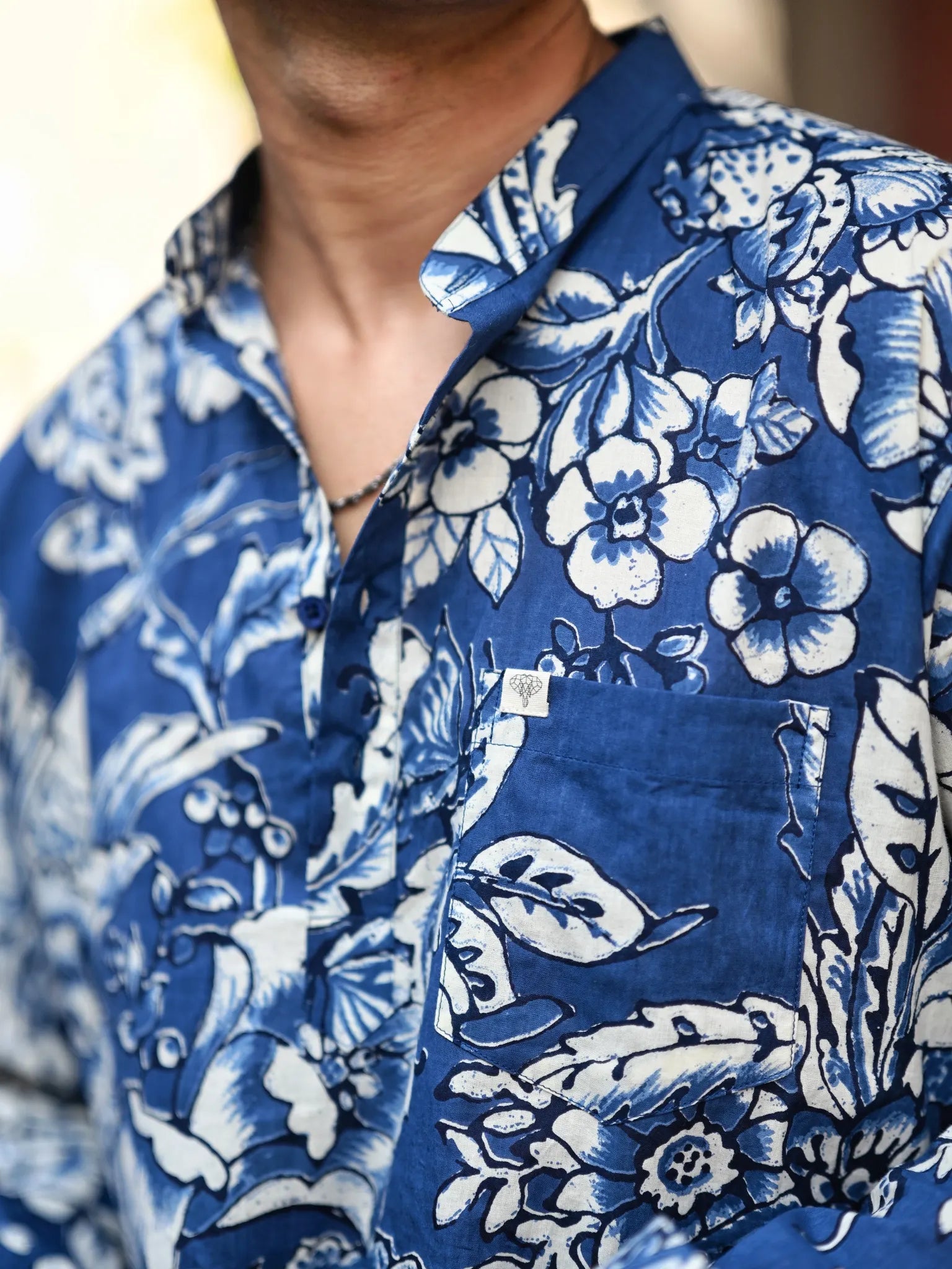 Navy Blue White Floral Printed Short Kurta