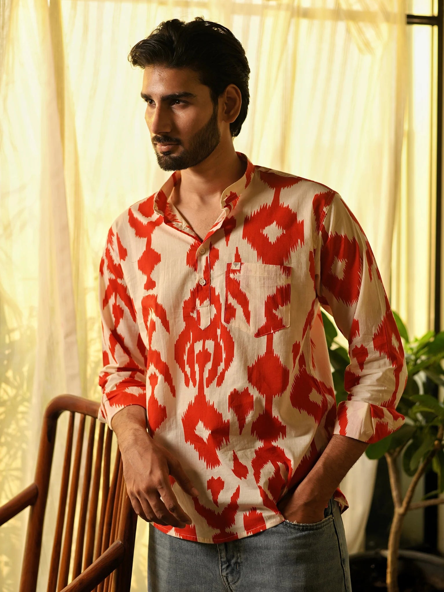 Red Ikat Printed short kurta