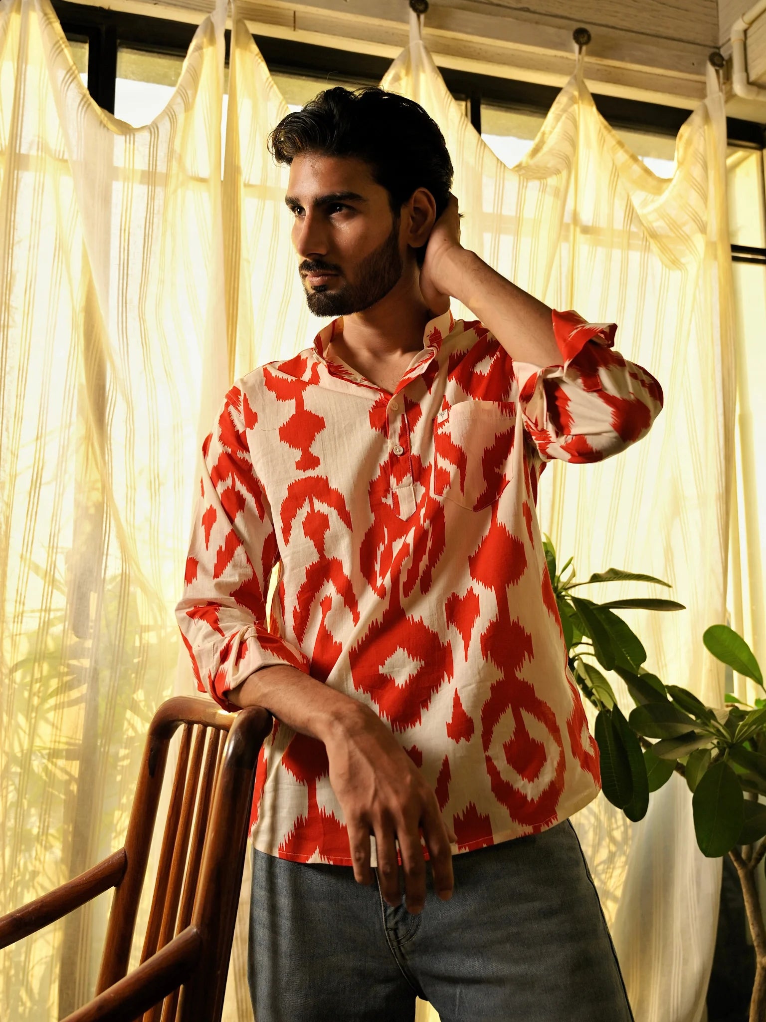Red Ikat Printed short kurta