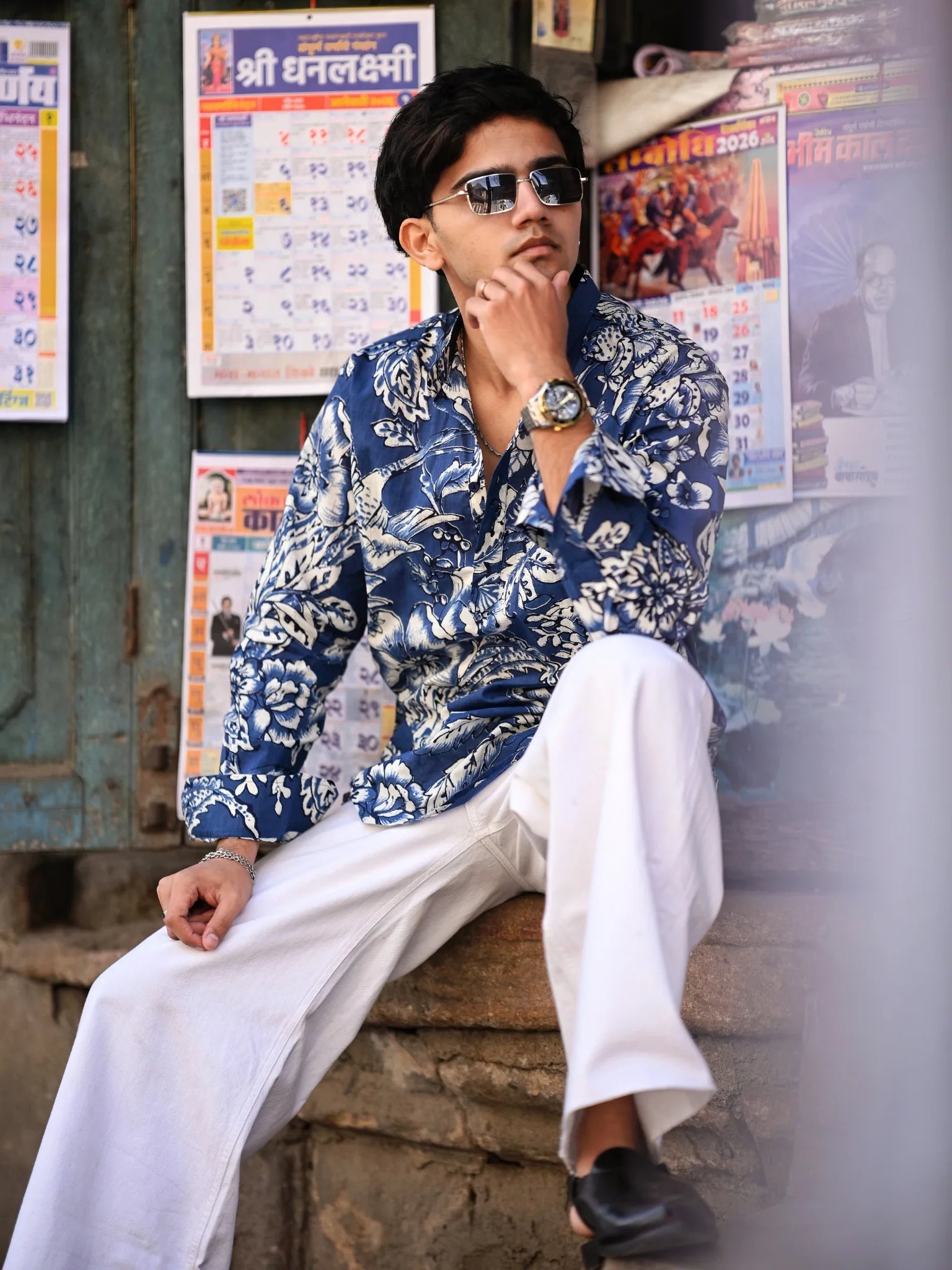 Navy Blue White Floral Printed Short Kurta