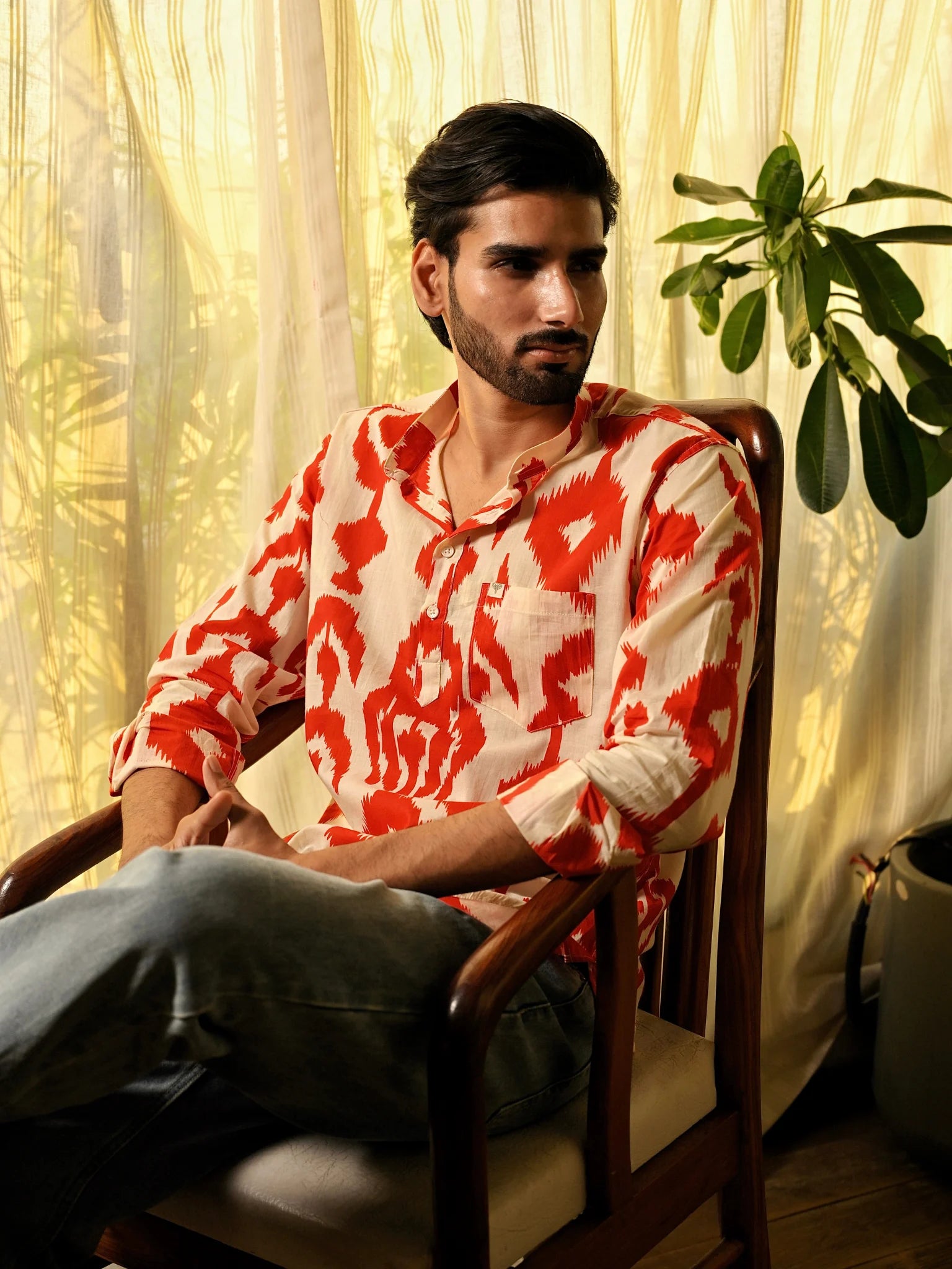 Red Ikat Printed short kurta