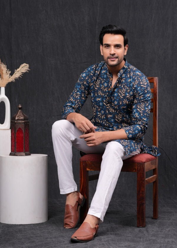 Navy Blue Floral Printed Cotton Kurta & Pajama Set – Hues Fab