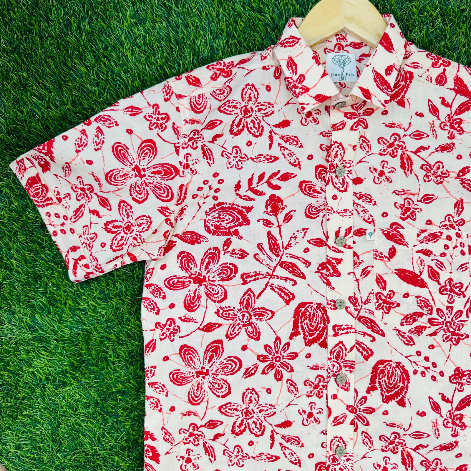 Cream Red Floral Printed Half Sleeves Shirt Hues Fab